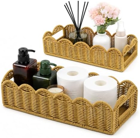 2-Piece Rattan Toilet Paper Baskets, Scalloped Edge Organizer