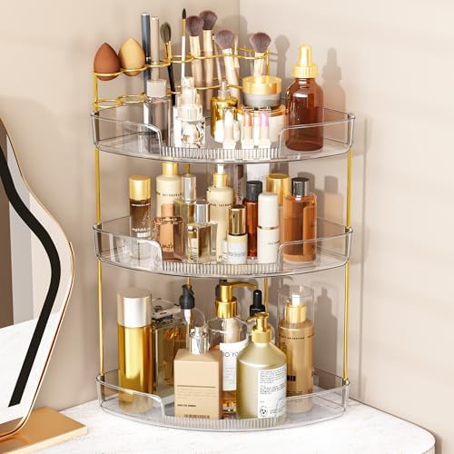 FELIZHOUSE 3-Tier Makeup Organizer for Vanity & Bathroom Countertop – Acrylic Storage Shelf with Perfume Tray & Makeup B