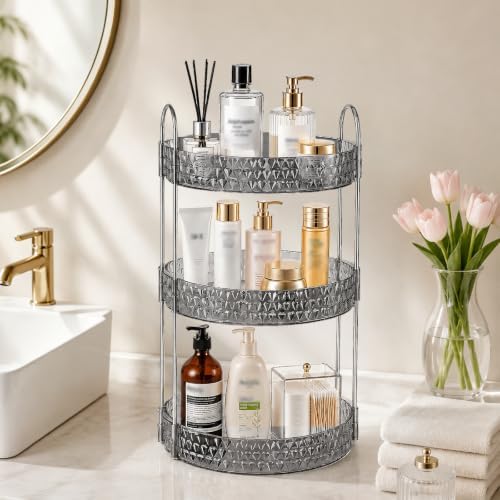 Large Capacity Rotating Makeup Organizer Perfume Stand Holder, 3 Tier Gray