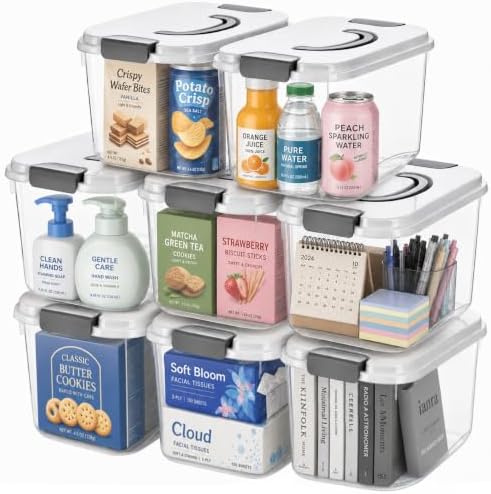 Elsjoy 8 Pack 5.5 Quart Plastic Storage Bins with Lid and Handle, Clear Latch Storage Box Stackable Organizing Bins, Lid