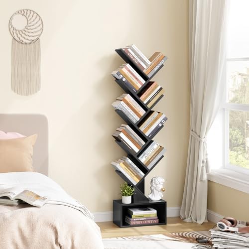 Hoctieon 9 Tier Tree Bookshelf, Tall Bookcase with Drawer, Wood Book Shelf, Modern Floor Standing Bookshelves, Book Orga