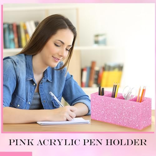 Jetec Acrylic Pen Holder for Girl Desktop, 4 Compartments, Sparkly Pink