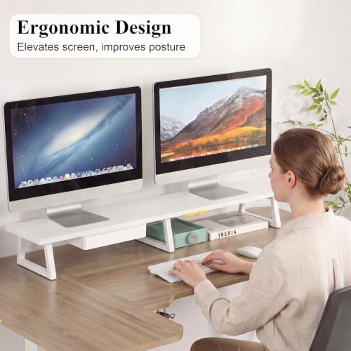 TEAMIX 42 inch Dual Monitor Stand with Storage Drawer & Phone Holder, White