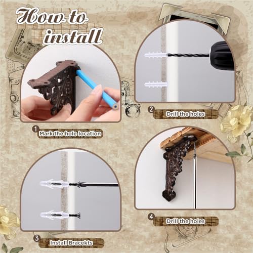Blulu 4 Pack Decorative Shelf Brackets, Vintage Cast Iron Brackets