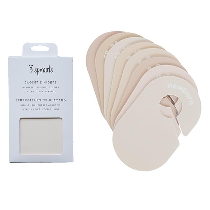 3 Sprouts Baby Closet Dividers, Newborn to 2T, Neutral, 8 Piece Set | Newborn to 2T sizing, 8-piece set, Double-sided size labels, Age labels, Nursery closet storage, Baby clothes organizer