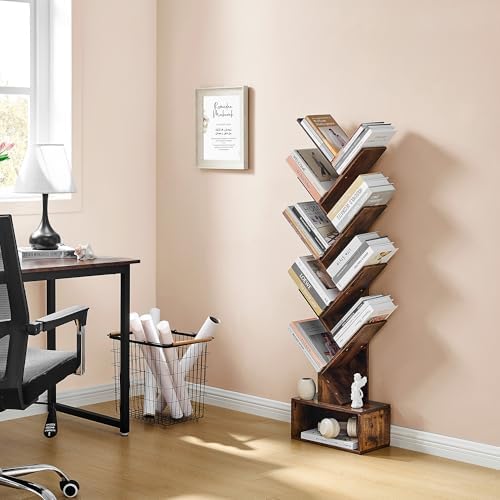 Hoctieon 9 Tier Tree Bookshelf, Tall Bookcase with Drawer, Wood Book Shelf, Modern Floor Standing Bookshelves, Book Orga