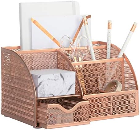 BLU MONACO Rose Gold Mesh Metal Desk Organizer with Drawer – 6 Compartments for Office Supplies & Accessories