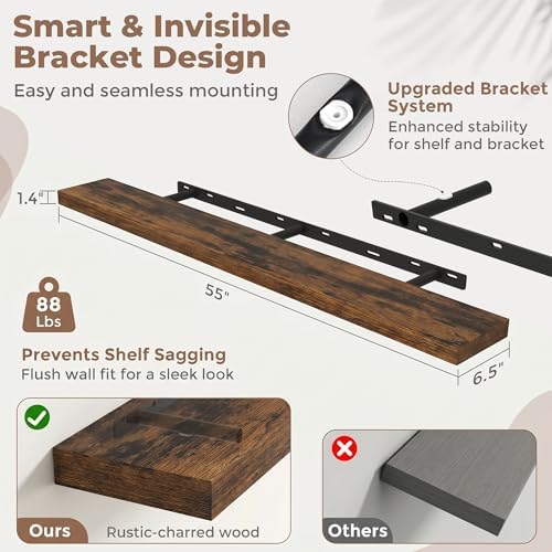 55 Inch Floating Shelves for Wall, 6.5"D Wood Storage Shelves, Brown Finish