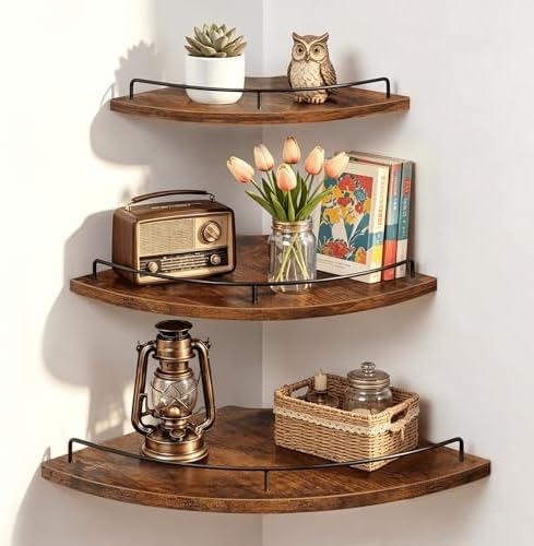 Homode Corner Shelf Wall Mounted Set of 3, Corner Floating Shelves 9/10/12 Inch Deep, Wood Round Corner Hanging Display 