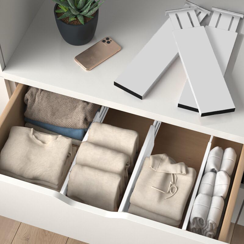 6-Pack Drawer Dividers - 6 Inches High, Adjustable 11 to 17 Inches Bamboo Drawer Organizer, Large Expandable Separator for Clothes, Dresser, Bedroom, Bathroom, Baby, Office, Kitchen Utensil, White