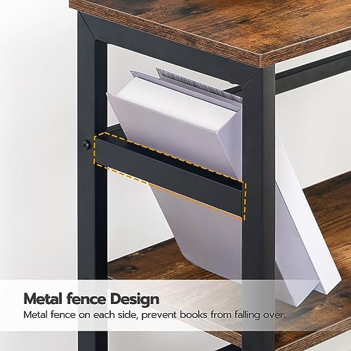 HOOBRO 3 Tier Bookshelf, 23.6" L Industrial Bookcase, Record Storage Rack with Side Fence, Storage Shelf with Metal Fram