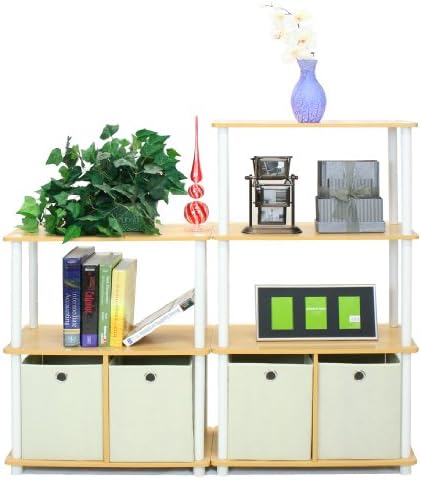 Furinno 99152BE/WH/IV 3-Tier Go Green Multipurpose Storage Rack Shelving Unit Bookshelf Cabinet with 2 Bins, Beech Finis