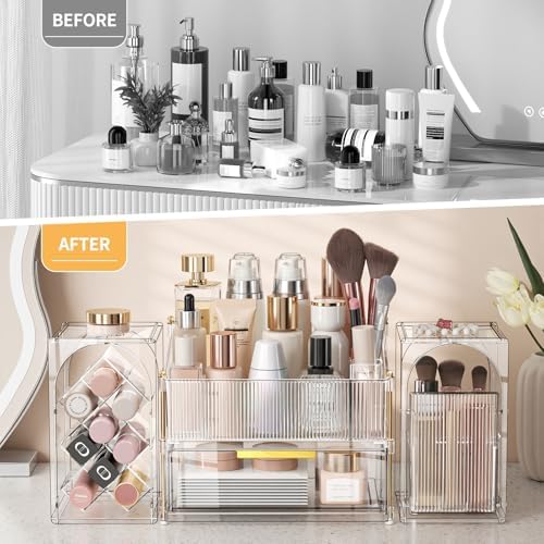 INVSSENE Stackable Makeup Organizer Countertop, Storage Perfume Skincare Cosmetic Lipstick Face Mask Makeup Brush Palett