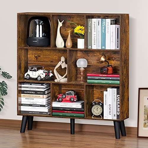 LEYAOYAO 8 Cube Bookshelf, Mid-Century Modern Book Shelf with Legs, Brown