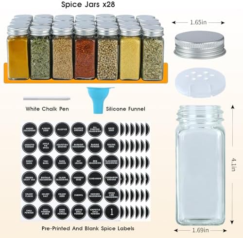Skiileor Spice Rack Organizer with 28 Spice Jars,Spice Labels and Funnel