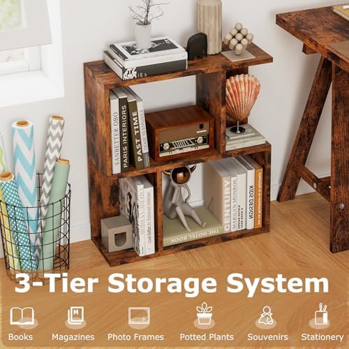 Giantex 3-Tier S-Shaped Bookshelf, Modern Geometric Bookcase, Freestanding Display Shelf for Small Space, Versatile Side