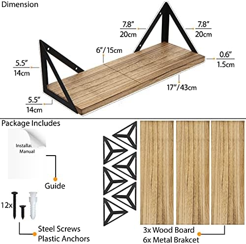 Wallniture Minori Floating Shelves Set of 3, Small Bookshelf Unit for Living Room, Office, and Bedroom, Natural Burned Rustic Wood Wall Decor with Metal Floating Shelf Bracket 6D x 17W x 5.5H in