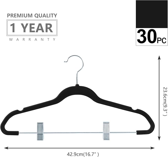 MIZGI Premium Velvet Pants Hangers with Clips (Pack of 30) Slim Skirt Hangers- Non Slip Felt Outfit Dress Hangers Black - Swivel Hooks,Space Saving Shirt Clothes Hangers