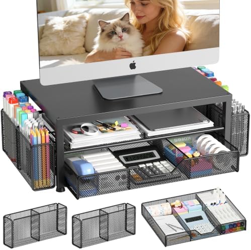 OPNICE Desk Organizers and Accessories, Computer Monitor Stand Riser with Drawer and 2 Pen Holders, Printer & Laptop Sta