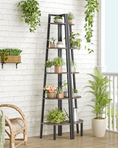 Hoctieon Corner Shelf, 5-Tier Corner Bookshelf, Rustic Ladder Shelf, Industrial Display Stand for Living Room, Kitchen, 