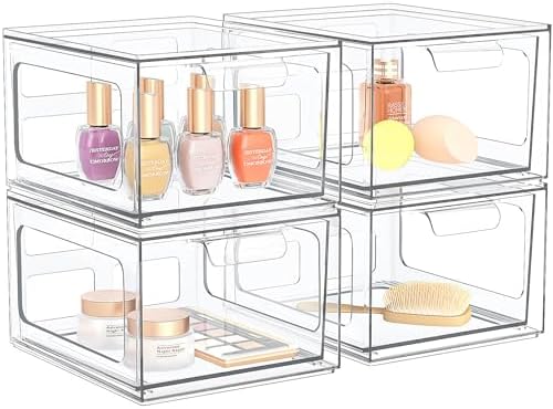 SpaceHacks 4 Pack Stackable Plastic Makeup Organizer Drawers, Acrylic Organizers, Clear Storage Bins with Pull-Out Handl