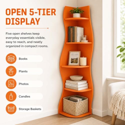 HRVEOCEI 5-Tier Wavy Corner Shelf with Curvy Shape for Small Space, Orange