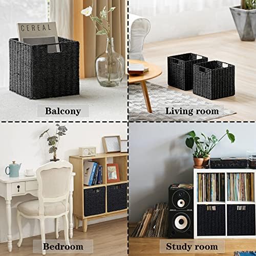Vagusicc Wicker Storage Basket, Set of 2 Hand-Woven Wicker Basket, Foldable Cube Storage Bin, Black Storage Basket, Squa