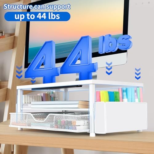 AUPSEN White Monitor Stand Riser, 2-Tier Wood Computer Desk Organizer with Drawer, Pen Storage & Phone Holder, Office De