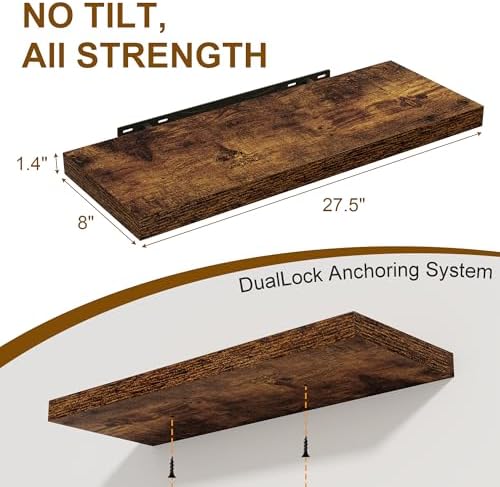 Floating Shelves for Wall, 27.5 Inch Bathroom Shelves Set of 2, Rustic Wood Wall Shelf with Invisible Brackets for Books