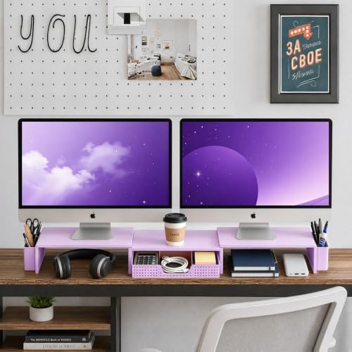 LEKETREE Dual Monitor Stand Riser with Drawer and 2 Pen Holders, Purple