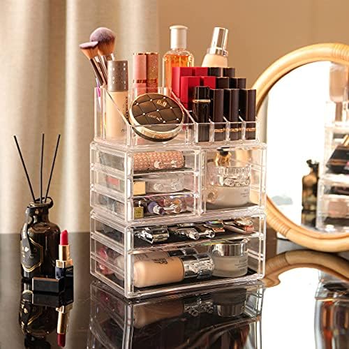 Cq acrylic 3 Pack Clear Makeup Organizer Countertop, Stackable 6 Drawers Skincare Organizer,Cute Skin Care Organizer for