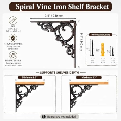Cast Iron Victorian Scroll Shelf Brackets, 9 x 9 inch Antique Decor Shelves Bracket, Wrought Iron Corner Brackets,Wall D