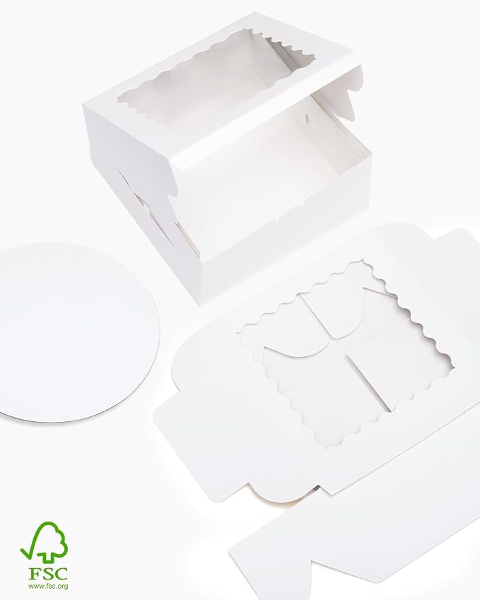 qiqee 10"x10"x5" Cake Box, 36 Sets White Cake Box with Window ＆ 36 Sets 10" White Cake Round Boards, for Cake, Treat Cookie Dessert, Pastry, Birthday Party, Weddings
