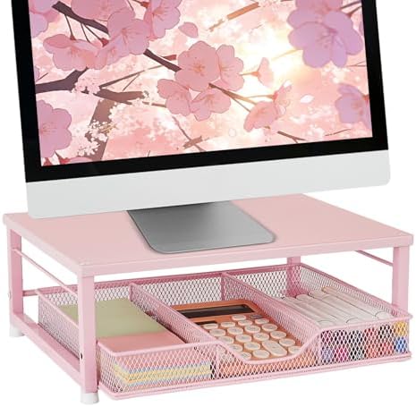 Small Pink Laptop Stand for Desk, Monitor Stand, Office Desk Accessories, Computer Desktop Stand with Drawer for Home, O