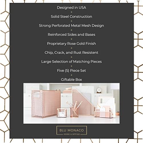 BLU MONACO Rose Gold Desk Organizer Set | 5-Piece Metal Desktop Organization Kit With File Holder, Magazine Rack, Pen Cup, Sticky Note Holder and Letter Sorter | Stylish Office Accessories
