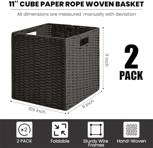 ICERZCZ Black Storage Bins, Wicker Storage Baskets for organizing, Paper Rope Woven Basket for Storage, 11 Inch Storage 