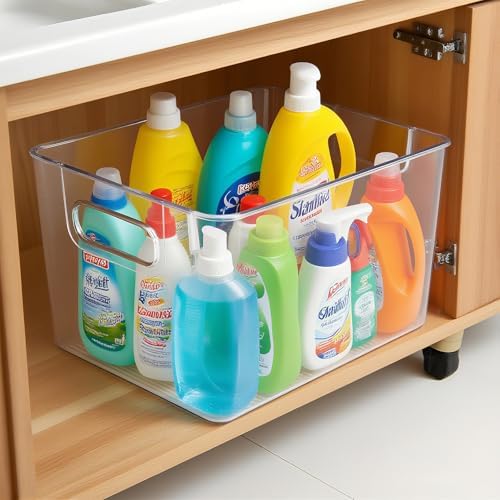 Set of 8 Clear Organizers and Storage Bins, 4 Large and 4 Small Stackable Plastic Storage Containers with Handles for Fr