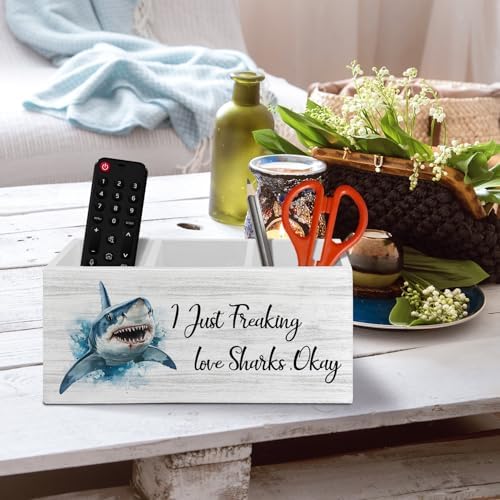 Shark Decor, Shark Bathroom Decor, Pen Pencil Holder Organizer for Desk Accessories, I Just Freaking Love Sharks Okay Wooden Box Sign Desk for Home Office Decoration