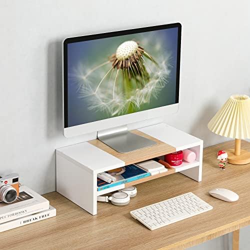 TEAMIX 20 inch Monitor Riser Stand - 2 Tiers, Wood Morden Desktop Bookshelf