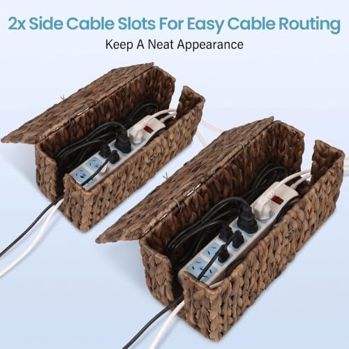 efluky 2 Pack Water Hyacinth Floor Cord Covers with Lid, Hand-Woven Cable Management Box, 2 Open Slots Cord Box to to Hi