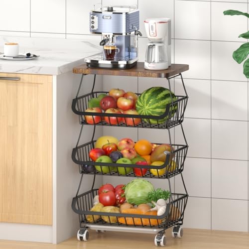 CHLORYARD Fruit Basket with Wooden Lid for Kitchen, 4-Tier Stackable Wire Fruit Vegetable Storage Basket Organizer Stand