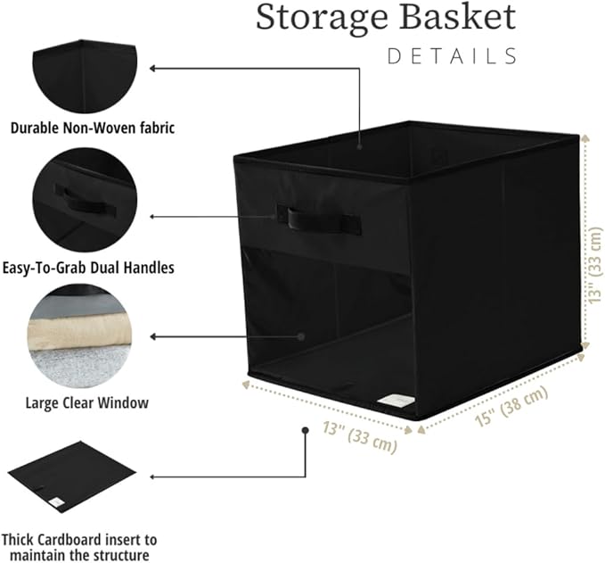 DECOMOMO Storage Bins, Cube Storage Bin with Window | 13x15x13", 6 Pack, Fabric Storage Cubes for Shelves (Black)