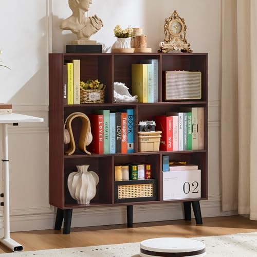 LEYAOYAO 8 Cube Bookshelf, Mid-Century Modern Book Shelf with Legs, Walnut