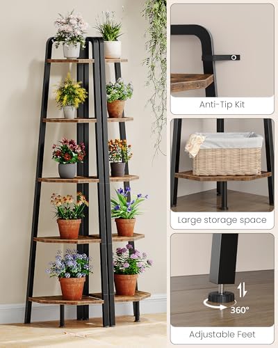 CHOEZON Corner Shelf, 5-Tier Ladder Corner Shelf, Ladder Bookshelf, 59.6" Tall Vertical Display Stand, Metal Frame Books