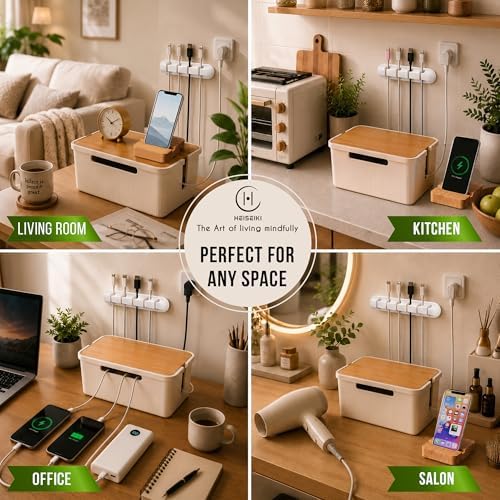 Cable Management Box, Cord Organizer, Pine Wood Lid, Cream White