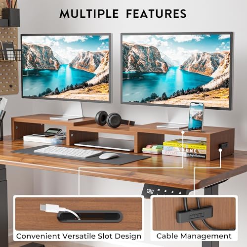 BONTEC Dual Monitor Stand Riser, Adjustable Length & Swivel Angle, Walnut