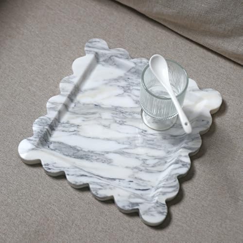 Natural Marble Tray, Scalloped Edge Vanity Organizer for Home Decor