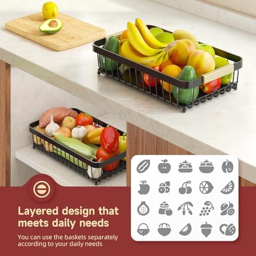 Sevenblue 3-Tier Fruit Basket with Banana Hangers, Detachable Metal Bowl