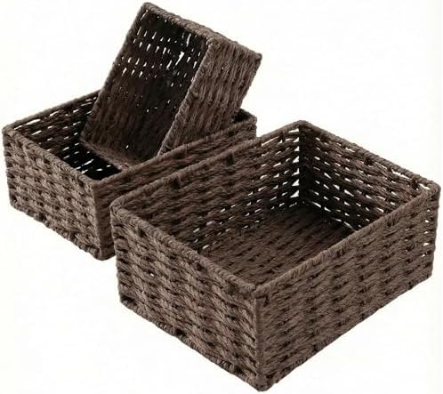 Small Wicker Basket for Organizing, Woven Storage Basket Set of 3 - Handwoven Natural Paper Rope Baskets to Declutter An