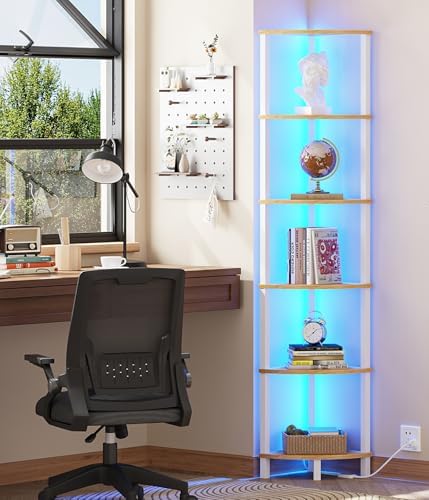 VIMBER 6-Tier Corner Shelf with LED Light, Industrial Corner Ladder Shelf, Rustic Display Shelf for Living Room, Bedroom